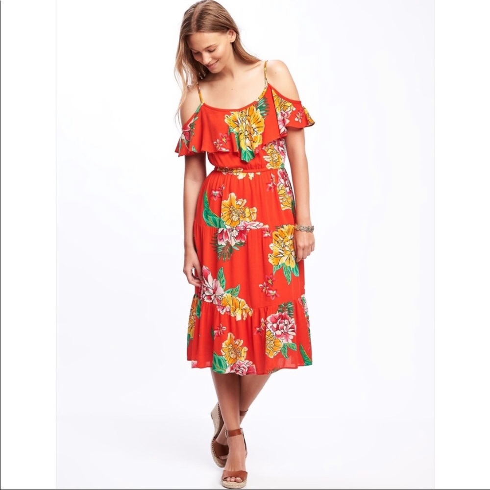 Old Navy Orange Tropical Tiered Midi Dress